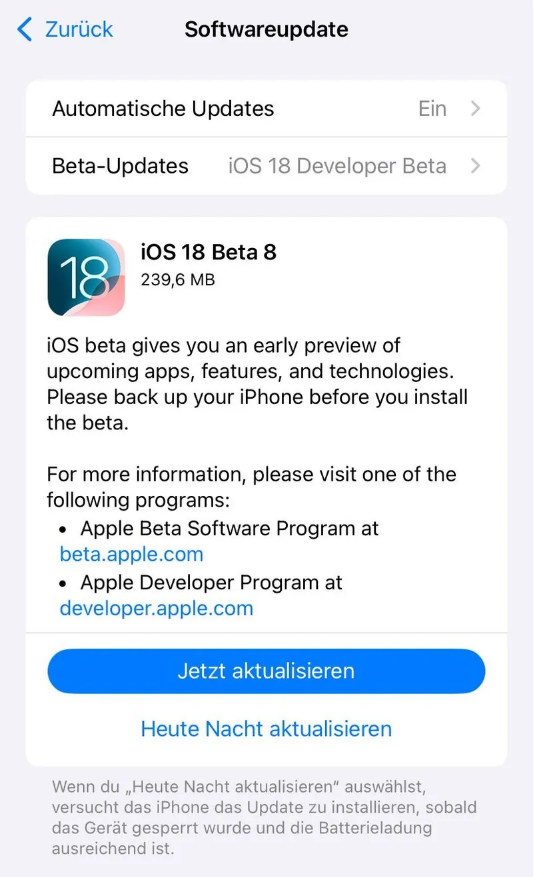 安义苹果手机维修分享苹果 iOS / iPadOS 18 开发者预览版 Beta 8 发布 